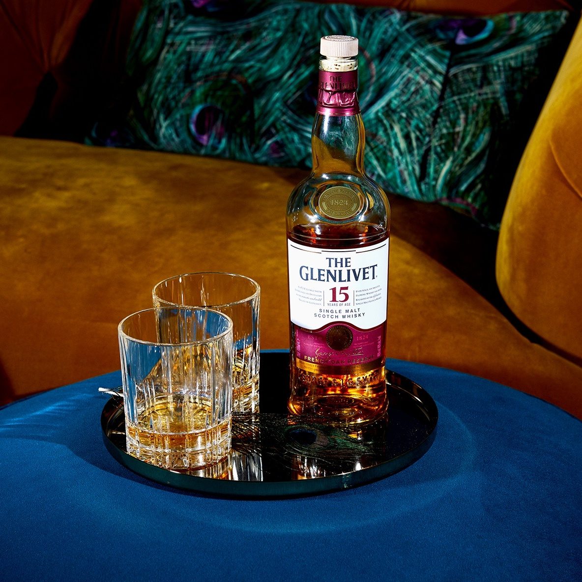 the glenlivet 15 year old on a tray with cocktails